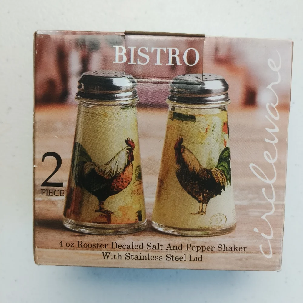 BISTRO SET OF SALT, PEPPER, tablecloth, and napkin‎ holder WITH ROOSTER DECALS
